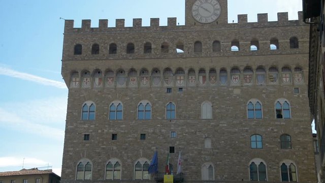Florence, April 2017: Replica of Syrian Palmyras Arch of Triumph in Piazza della Signoria near Old Palace Palazzo Vecchio , on April 2017 in Florence, Tuscany, Italy