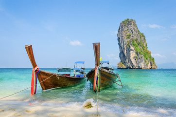 Long-tail Taxi boat on the beautiful beach, krabi, Thailand