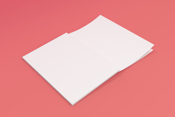 Mockup of blank white open brochure lying with cover upside on red background