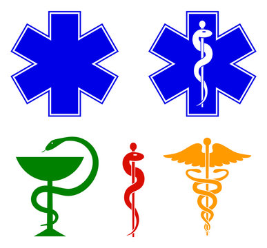 Medical international symbols set. Star of life, staff of Asclepius, caduceus, bowl with a snake. Vector