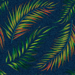 Exotic leaf seamless print on denim backdrop. Bright palm leaves on a dark blue background, color graphics, blue jeans texture, hand-drawn vector.