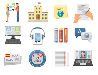 Vector illustration icons for educational programs languages distance education online learning