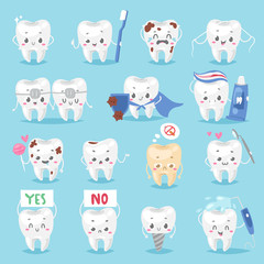 Tooth character personage dental clinic mascot with a toothbrush smiling different human pose vector illustration - 161062406
