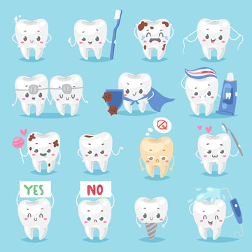 Tooth character personage dental clinic mascot with a toothbrush smiling different human pose vector illustration
