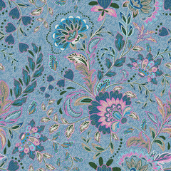 Light blue denim with colorful floral pattern. Beautiful ornamental floral seamless background. Hand draw eastern paisley ornament. Vector