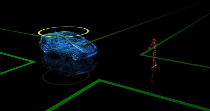 Autonomous wireframe car with lidar scan signal stops to avoid hitting jogger