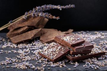 Dark chocolate bar with dried lavender flowers