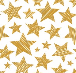 Gold stars, white background, seamless, vector. Gold stars painted diagonal stroke. Vector picture.  