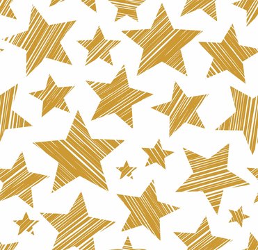 Gold stars, white background, seamless, vector. Gold stars painted diagonal stroke. Vector picture.  