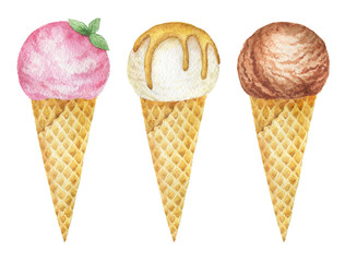 Watercolor ice cream cones with chocolate, vanilla and fruit.