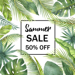Watercolor sale banner tropical leaves and branches isolated on white background.
