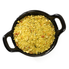 Stock Powder in Black Bowl Top View Isolated