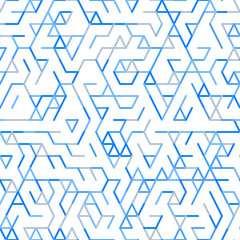 Geometric random lines pattern. Abstract technology background with blue and grey geometric shapes in tessellation on white. Linear abstract lattice, random coloring. Vector seamless linear pattern.