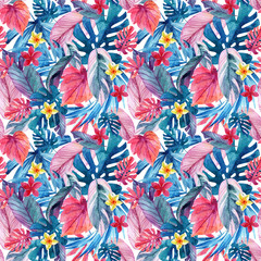Watercolor exotic leaves and flowers background.