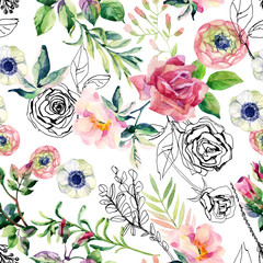 Watercolor and ink doodle flowers, leaves, weeds seamless pattern.