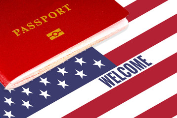welcome, text over us flag and passport