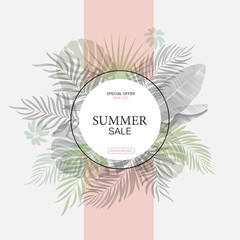 Exotic leaf round banner. Trendy vector design. Tropical leaves background. Vector