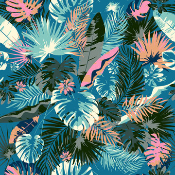 Tropical summer print with exotic leaves and plants. Trendy colors hand drawing seamless pattern
