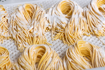 Fresh made uncooked Italian spaghetti closeup