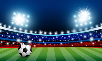 Naklejka premium Vector soccer ball on green grass in the stadium with light