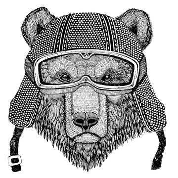 Brown bear Russian bear wearing vintage motorcycle helmet Tattoo, badge, emblem, logo, patch, t-shirt