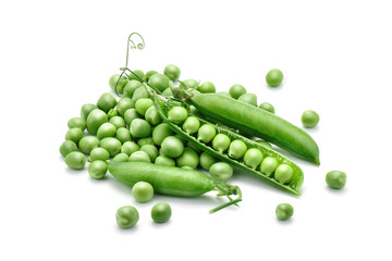 Ripe green peas on a white background. An isolated object.