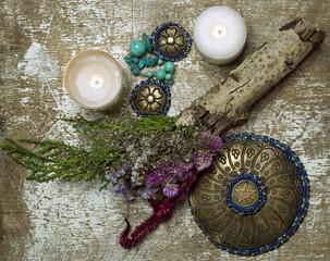 Autumn wiccan altar. Mabon preparing