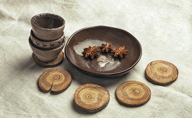 Clay pots and plate with
