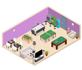 Interior Game Room Isometric View. Vector