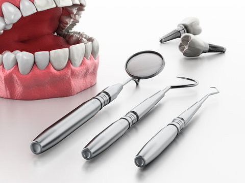 Professional dentist tools isolated on white background. 3D illustration