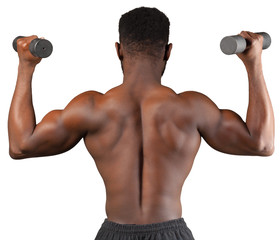 Strong and muscular guy with dumbbell isolated on white