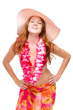 Happy smiling woman with red hair in beach image in floral lei on white background