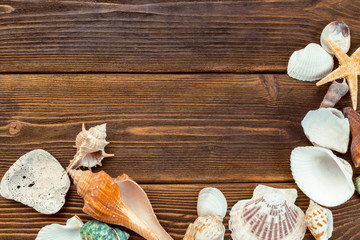 Beach accessories on wooden board