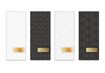 Fototapeta na wymiar Set of chocolate packaging in trendy geometric linear style. Black, milk, almond and white types