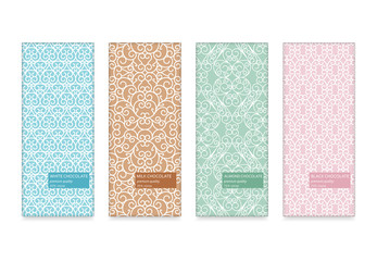 Set of chocolate packaging in trendy swirl style. Black, milk, almond and white types