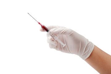 Hand holding disposable syringe loaded for injection isolated clipping path.