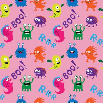 Abstract seamless ornamental pattern with different monsters