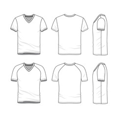 Vector templates of clothing set. Front, back, side views of blank v-neck t-shirt. Sportswear, uniform clothes. Fashion illustration. Line art design. - 161106444