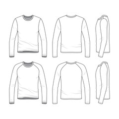 Vector templates of clothing set. Front, back, side views of blank tee. Sportswear, uniform clothes. Fashion illustration. Line art design.