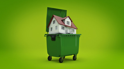 Garbage containers with home. 3d rendering