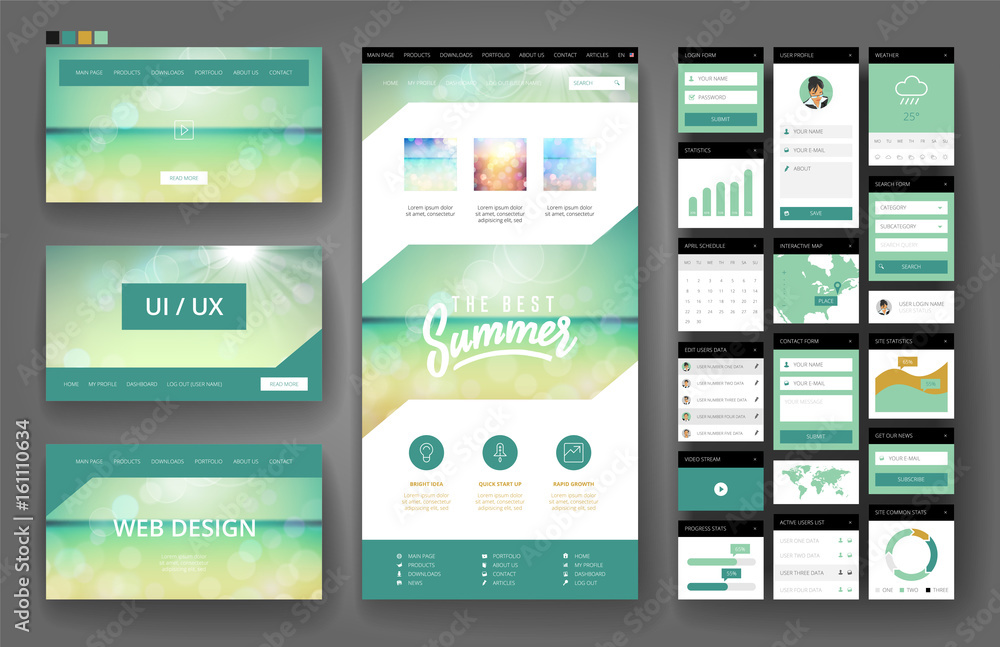 Wall mural website design template and interface elements