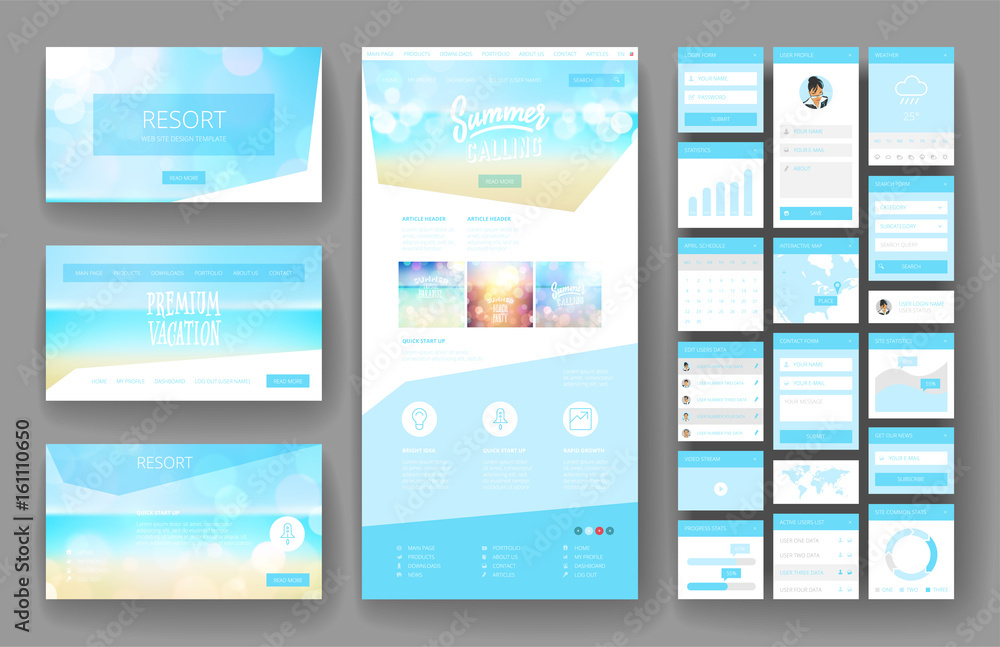 Wall mural website design template and interface elements