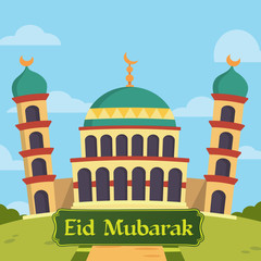 Fototapeta premium Modern Eid Mubarak Islamic Mosque Illustration With Copy Space, Suitable For Web Banner, Social Media, Print, And Other Eid Related Occasion.