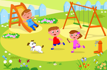 Obraz na płótnie Canvas Three kids playing at the playground