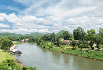 Fototapeta premium Nice view of the mountain river with blue sky and cloud.