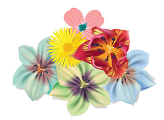 Obraz premium Beautiful bouquet of flowers. Vector summer flowers isolated on white background. Blossom for flower design. Chamomile, tulip, violets