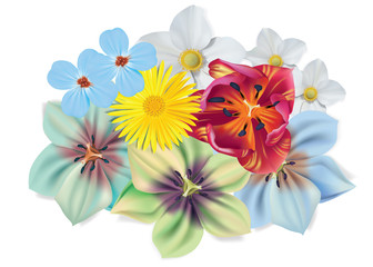 Obraz premium Beautiful bouquet of flowers. Vector summer flowers isolated on white background. Blossom for flower design. Chamomile, tulip, violets