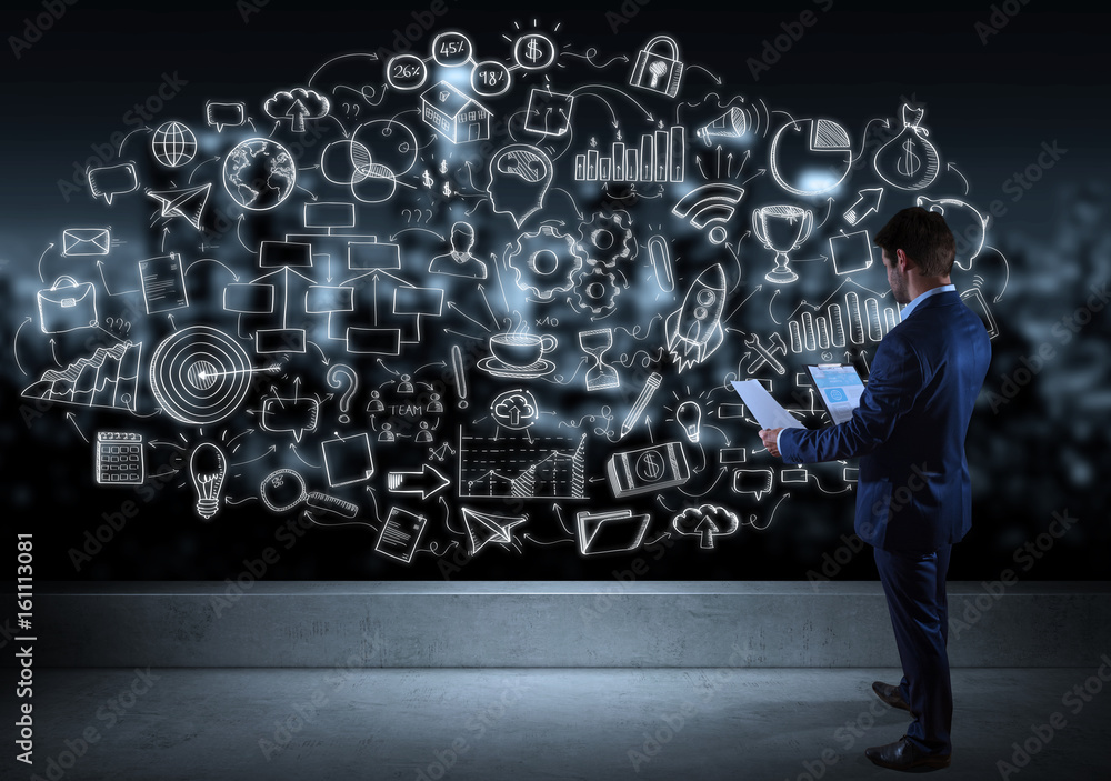 Poster businessman watching a project sketch on a rooftop 3d rendering