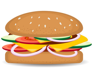 Vector Realistic Hamburger Classic Burger American Cheeseburger with Lettuce Tomato Onion Cheese Beef and Sauce Close up isolated on white Background. Fast Food