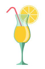 Yellow cocktail in glass with lemon slice and straw